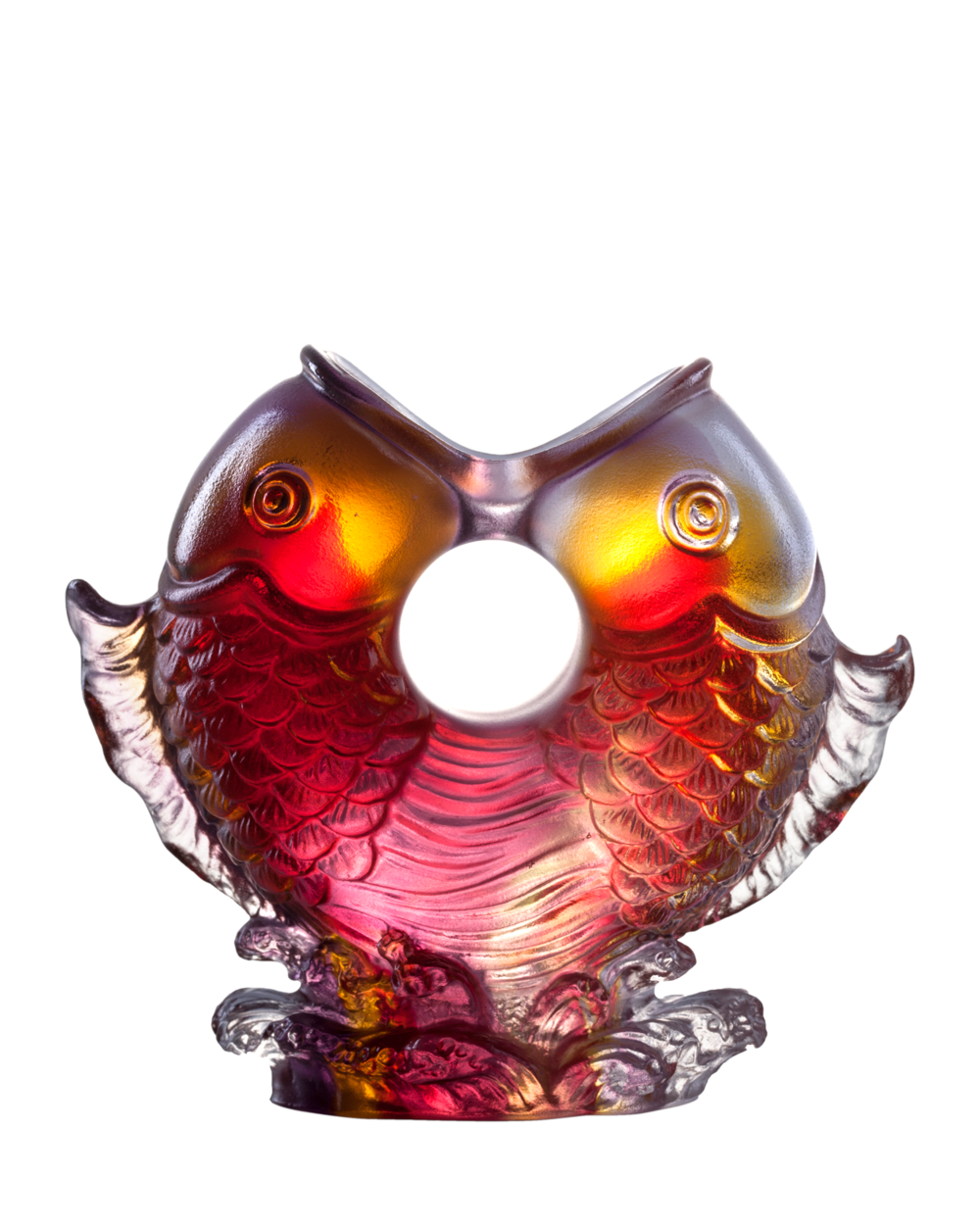LIULI Crystal Art Crystal Twin Fish "Turning of Ruyi" Feng Shui Sculpture in Amber/Gold Red