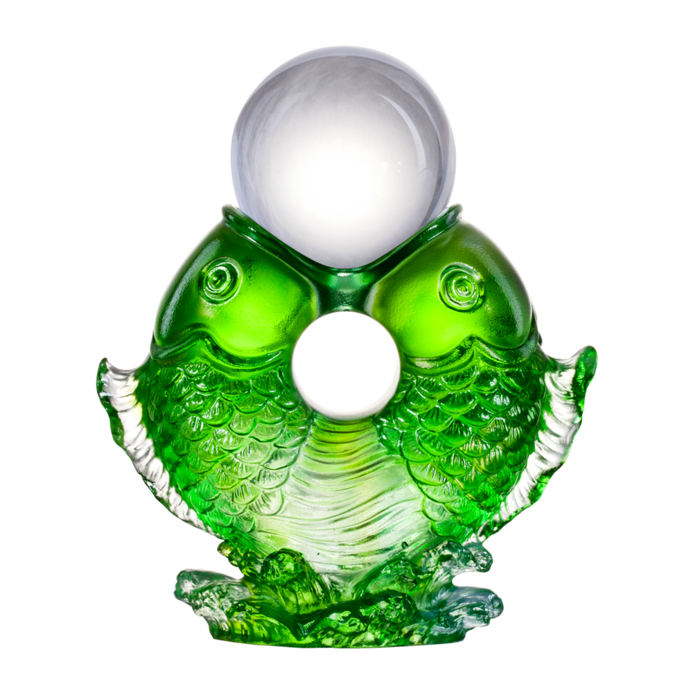 LIULI Crystal Art Crystal Twin Fish "Turning of Ruyi" Feng Shui Sculpture in Green