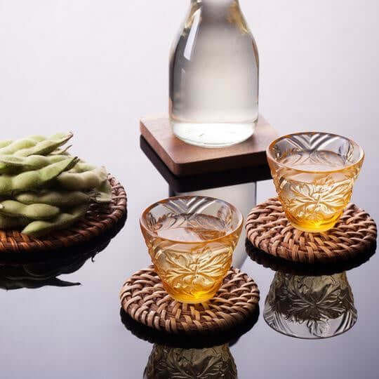LIULI Crystal Art Crystal "To Drink Amongst Flowers" Sake Glasses, Set of 4, Light Amber