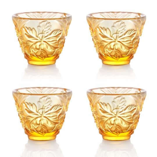 LIULI Crystal Art Crystal "To Drink Amongst Flowers" Sake Glasses, Set of 4, Light Amber