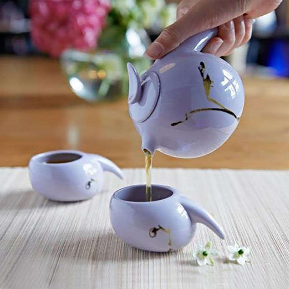 LIULI Crystal Art Bone China Tea Set, "Robin, Herald of the Dawn" (1 Teapot, 4 Teacups) Limited Edition