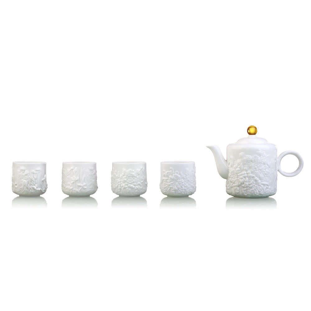 LIULI Crystal Art Bone China Tea Set - Four Seasons of Leisure (1 Teapot, 4 Teacups)