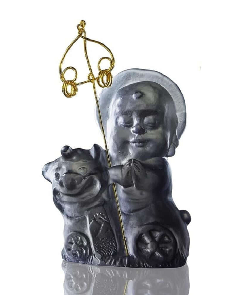 LIULI Crystal Art Crystal Buddha, "Joyous and Worry-Free, Safe Travels" Ksitigarbha Bodhisattva in Dark Grey