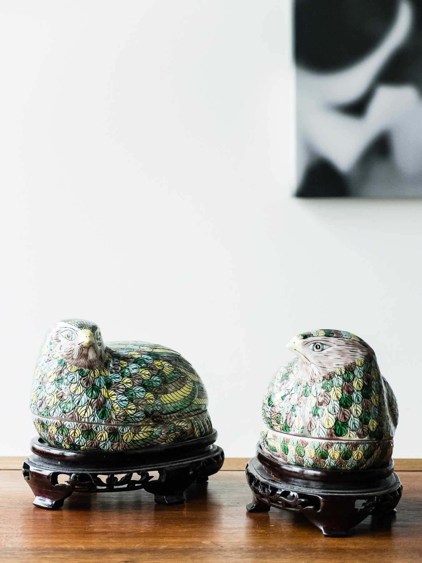 Porelain Quail Box on Carved Stand Multicolored, 20th Century, 3.5 x 8 x 5''