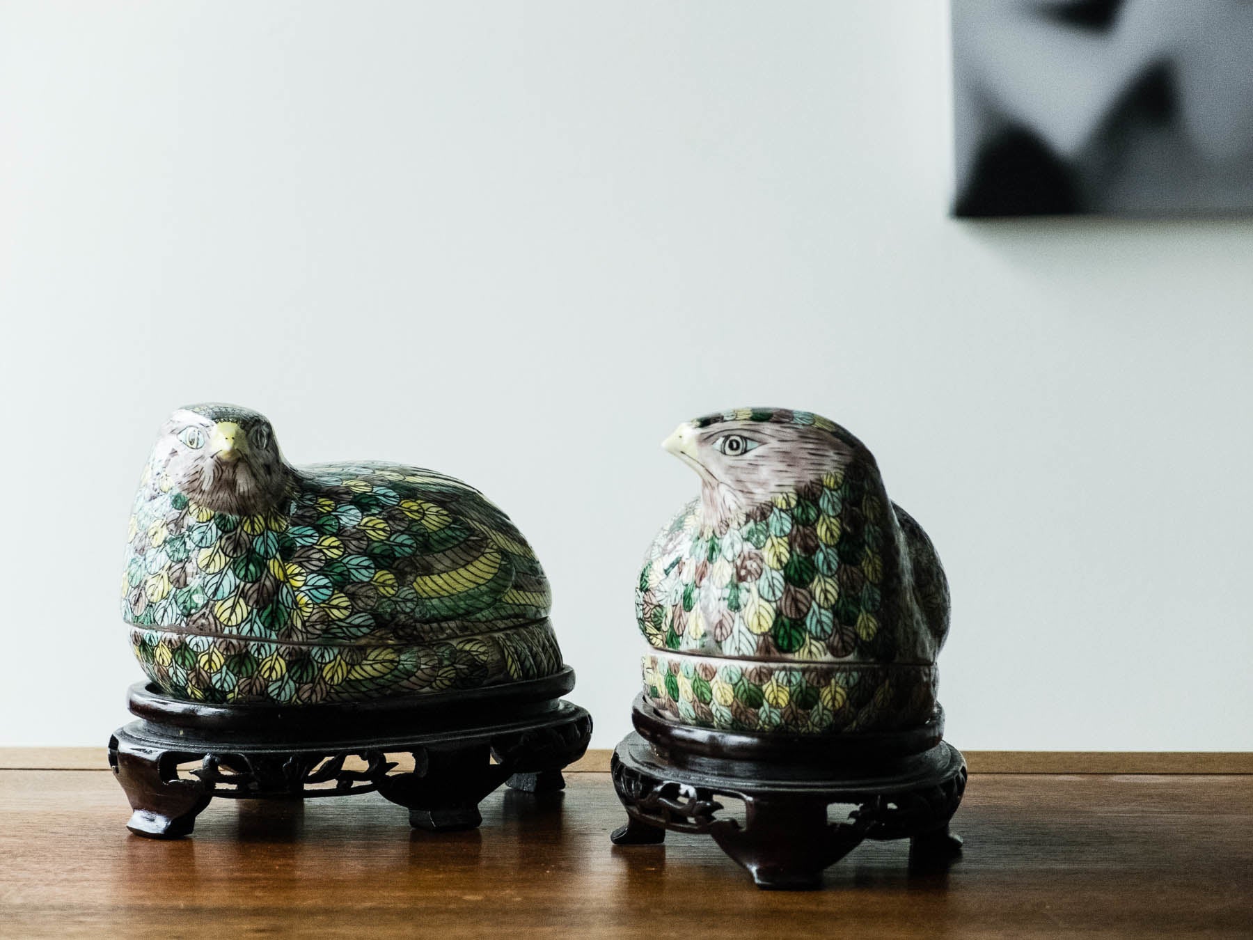 Porelain Quail Box on Carved Stand Multicolored, 20th Century, 3.5 x 8 x 5''