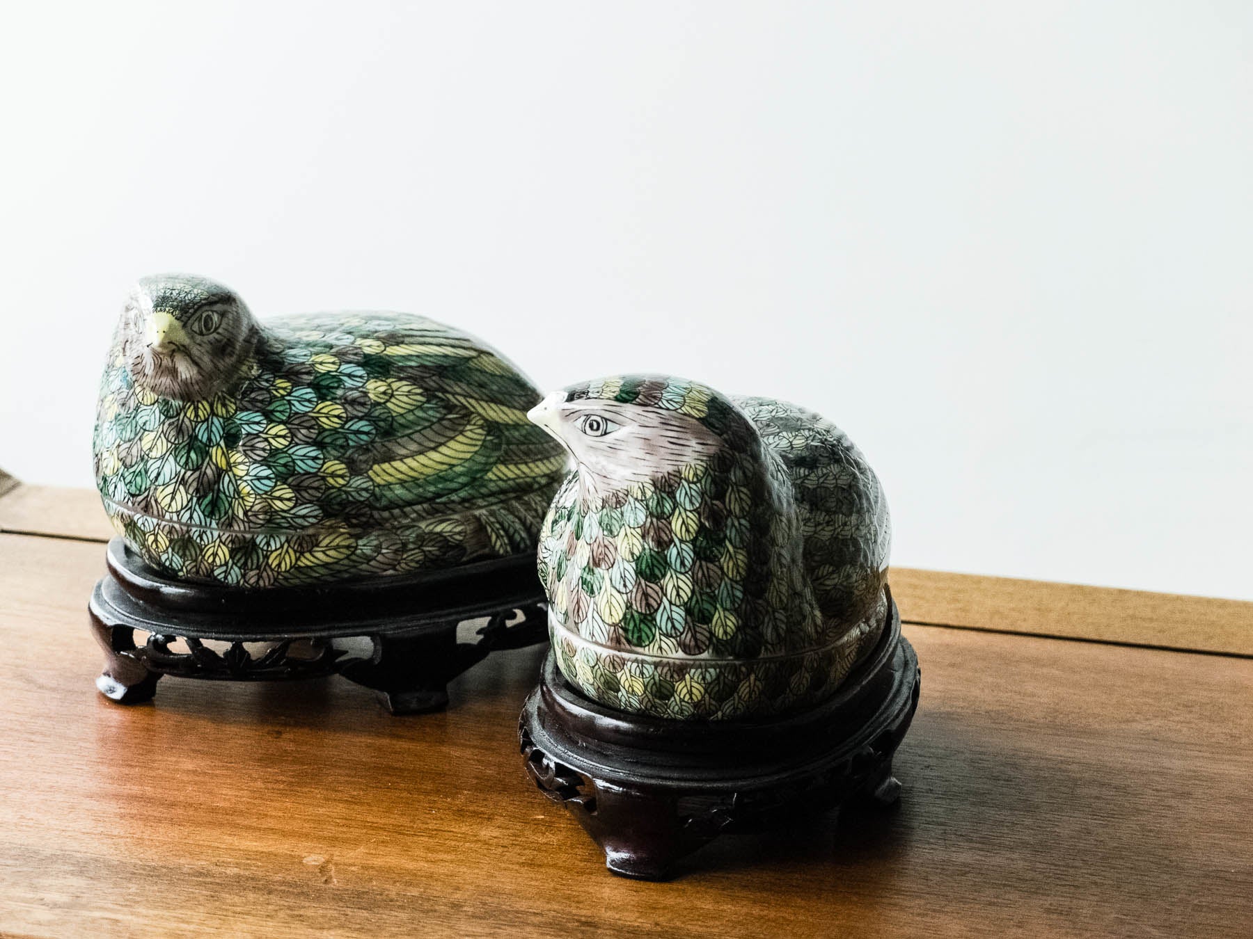 Porelain Quail Box on Carved Stand Multicolored, 20th Century, 3.5 x 8 x 5''