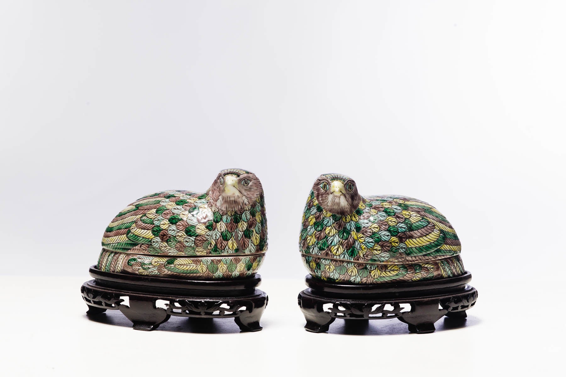 Porelain Quail Box on Carved Stand Multicolored, 20th Century, 3.5 x 8 x 5''