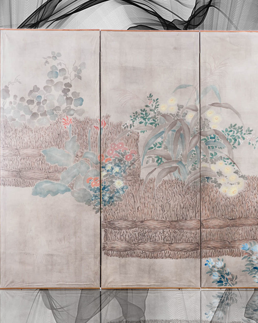 Lawrence & Scott Sung Tze-Chin Large Chinoiserie Hanging Screen Ink on Paper "Brushed Wood Fence With Chrysanthemum" 11 Feet Wide by 6 Feet Height