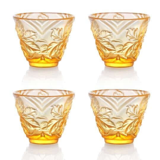 LIULI Crystal Art Crystal "To Drink Amongst Flowers" Sake Glasses, Set of 4, Light Amber
