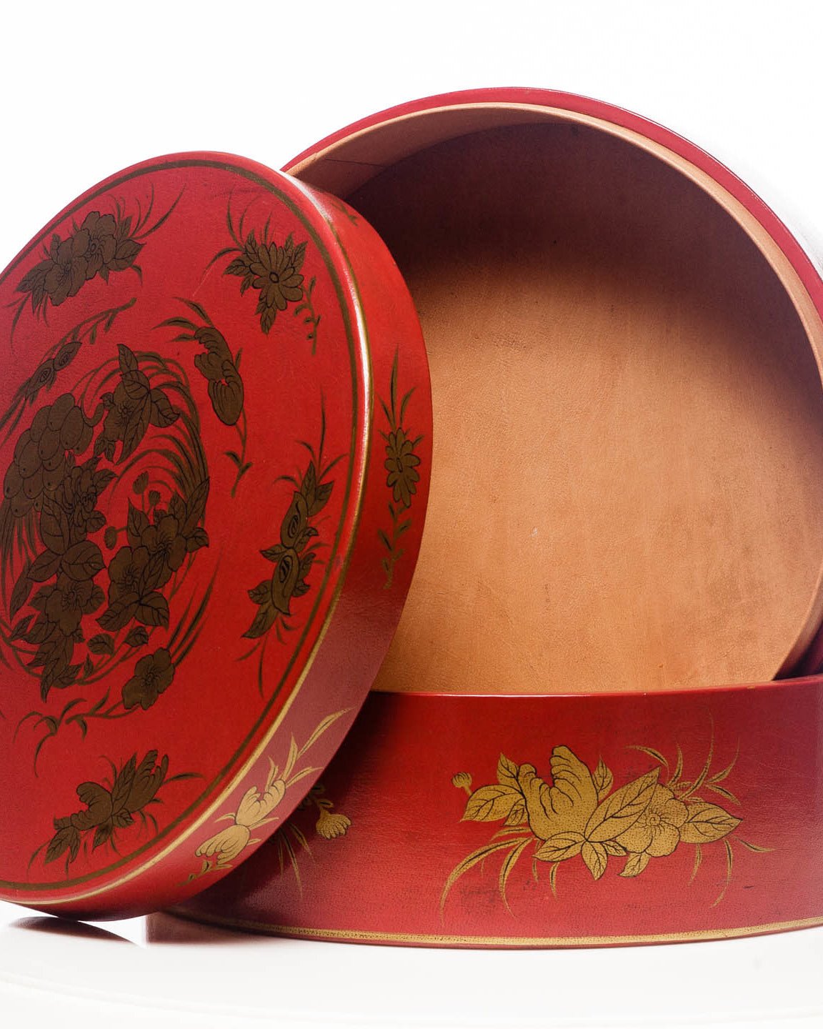 Mandarin Red Nurture 2-Tier Round Leather Sewing Box (14")