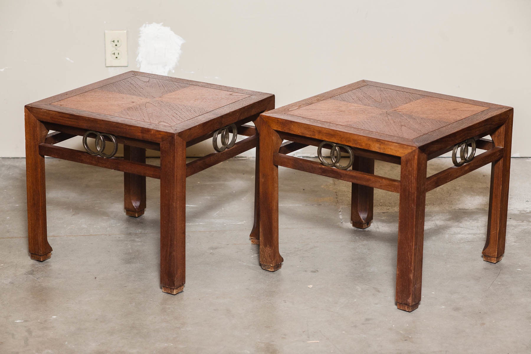 Mid-Century Baker Campaign Style Square End Tables Nightstands (Pair)
