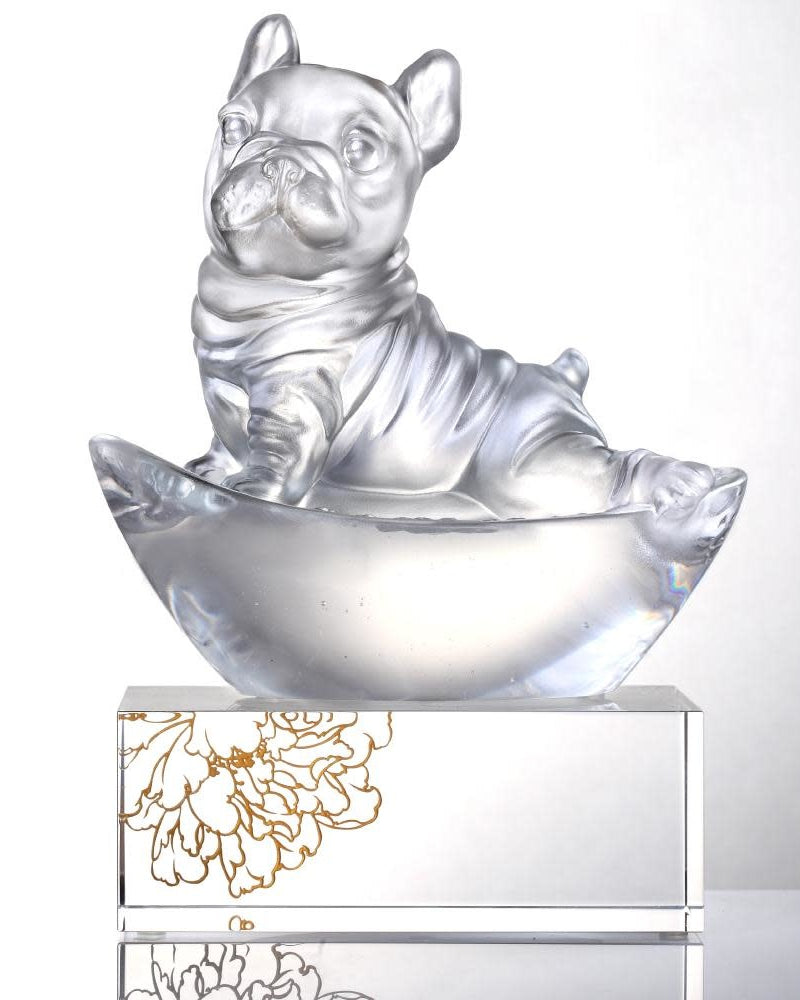 LIULI Crystal Art Crystal French Bulldog Heads Up! (Exclusive U.S. Edition with Gilded Peony Display Base)