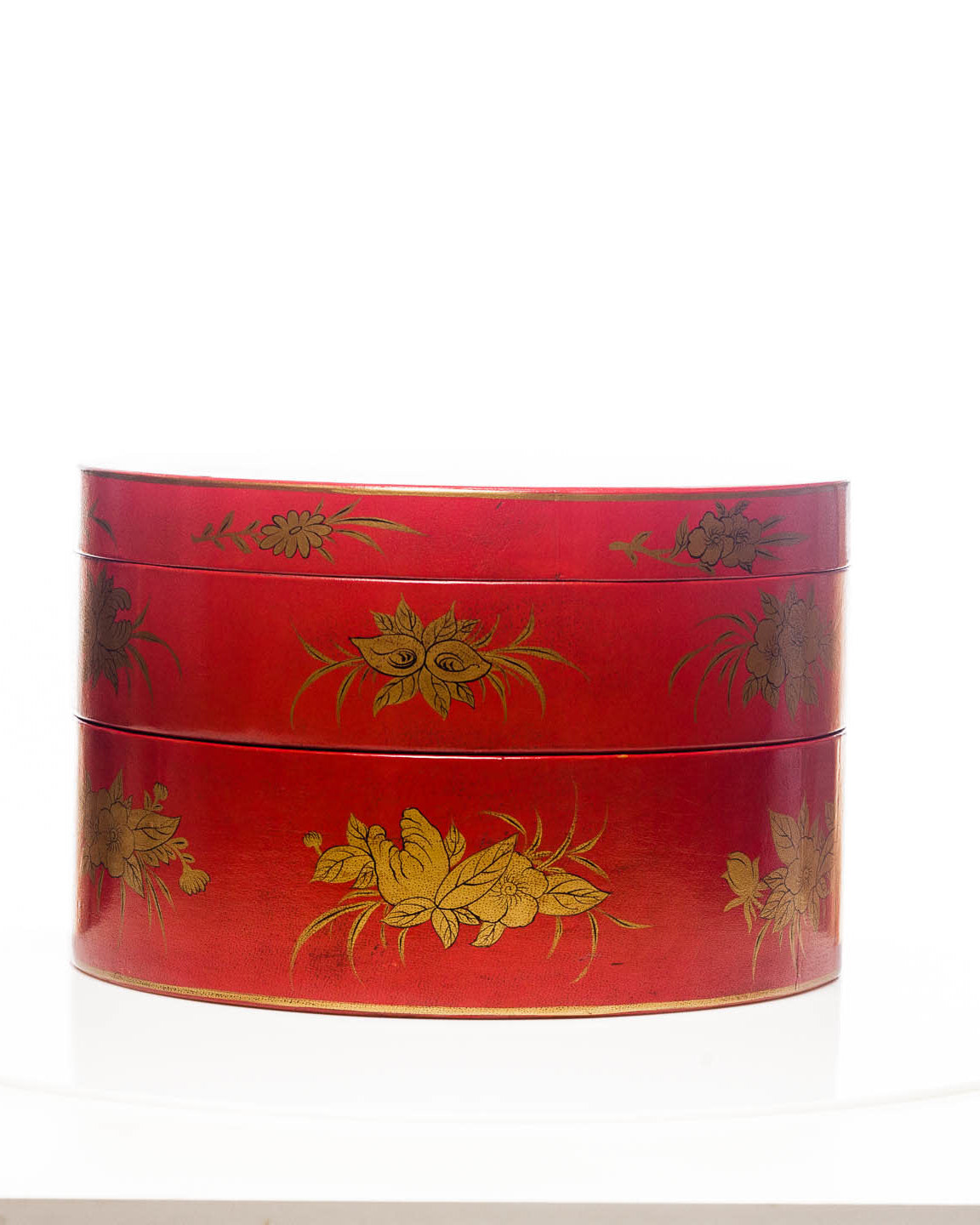 Mandarin Red Nurture 2-Tier Round Leather Sewing Box (14")