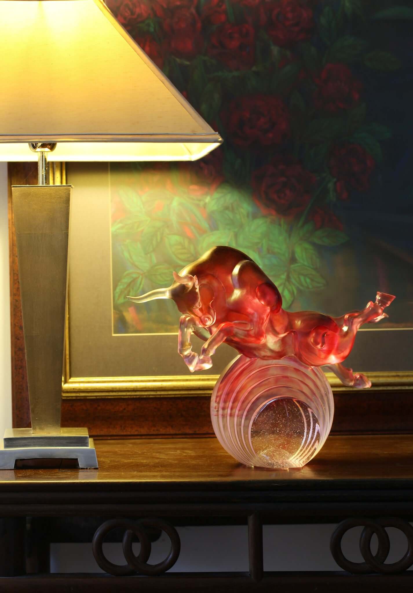 LIULI Crystal Art Crystal Art Bull Statue in Gold Red/Purple "Rise Above" Limited Edition