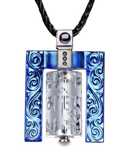 LIULI Crystal Art Crystal Prayer Wheel Pendant Necklace, Eternal Cycle of Compassion (Framed) in Blue