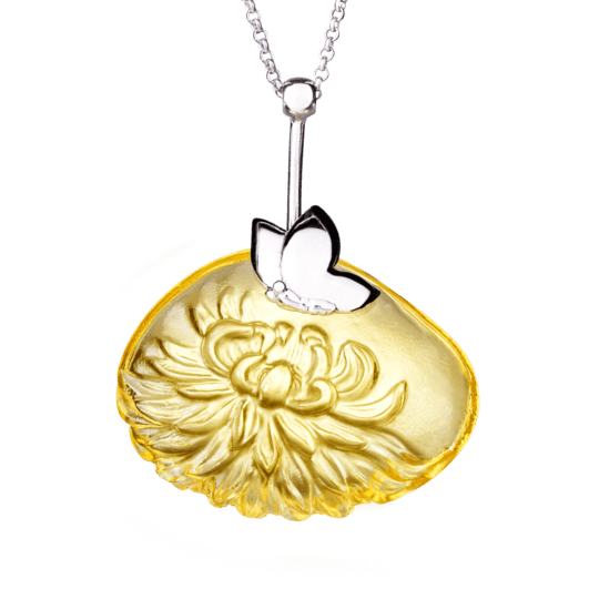 LIULI Crystal Art Crystal and Sterling Silver "The Sun Within" Dahlia Pendant Necklace in Amber
