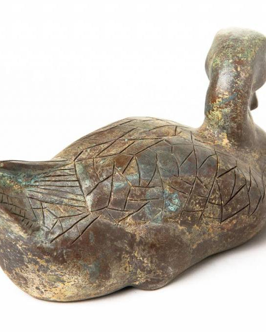 Patinated Verdigris Bronze Duck with Hongmu Wood Stand