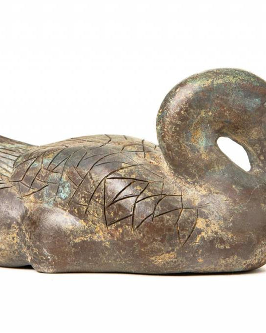 Patinated Verdigris Bronze Duck with Hongmu Wood Stand