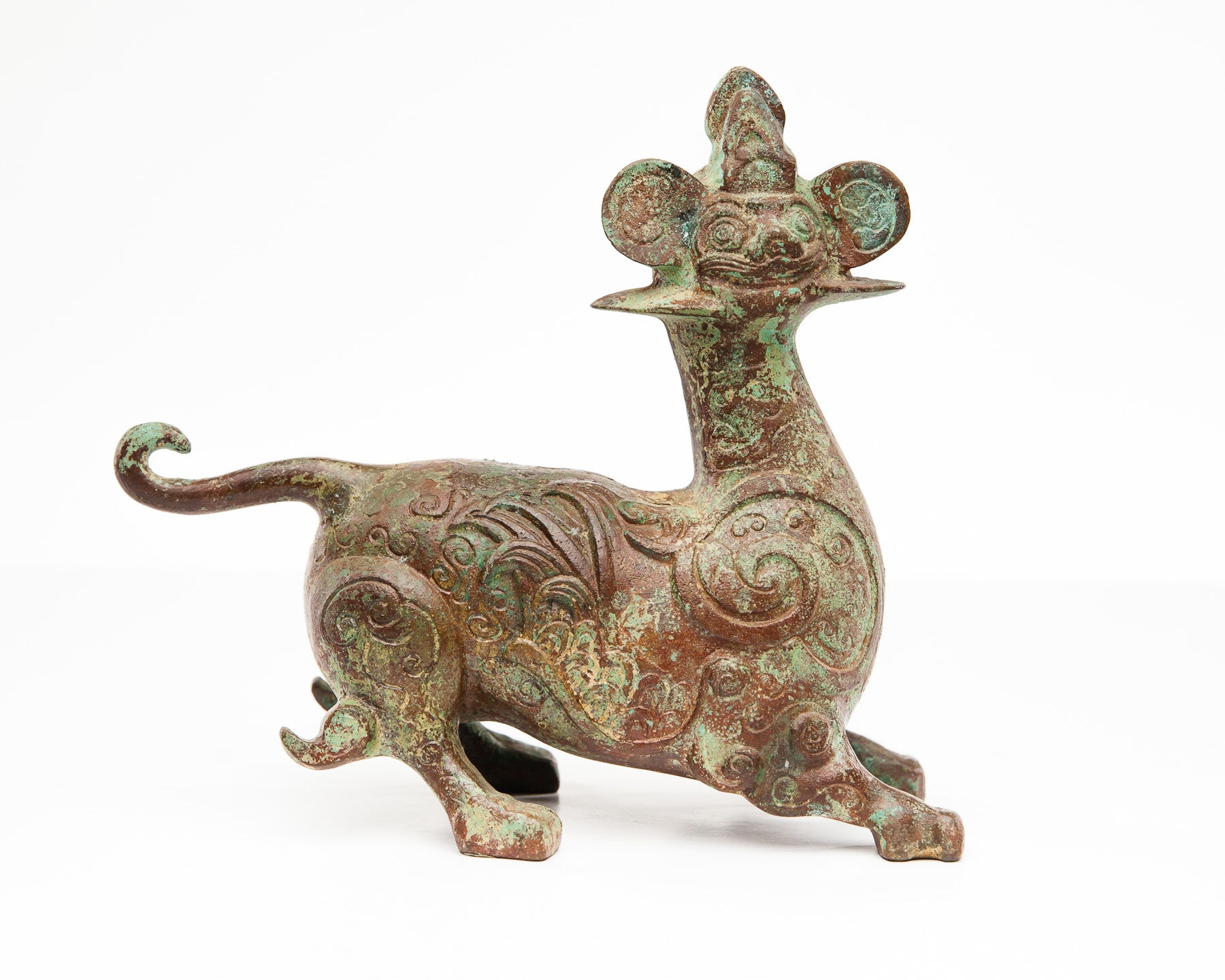 Verdigris Bronze Mythical Dragon with Hongmu Wood Stand
