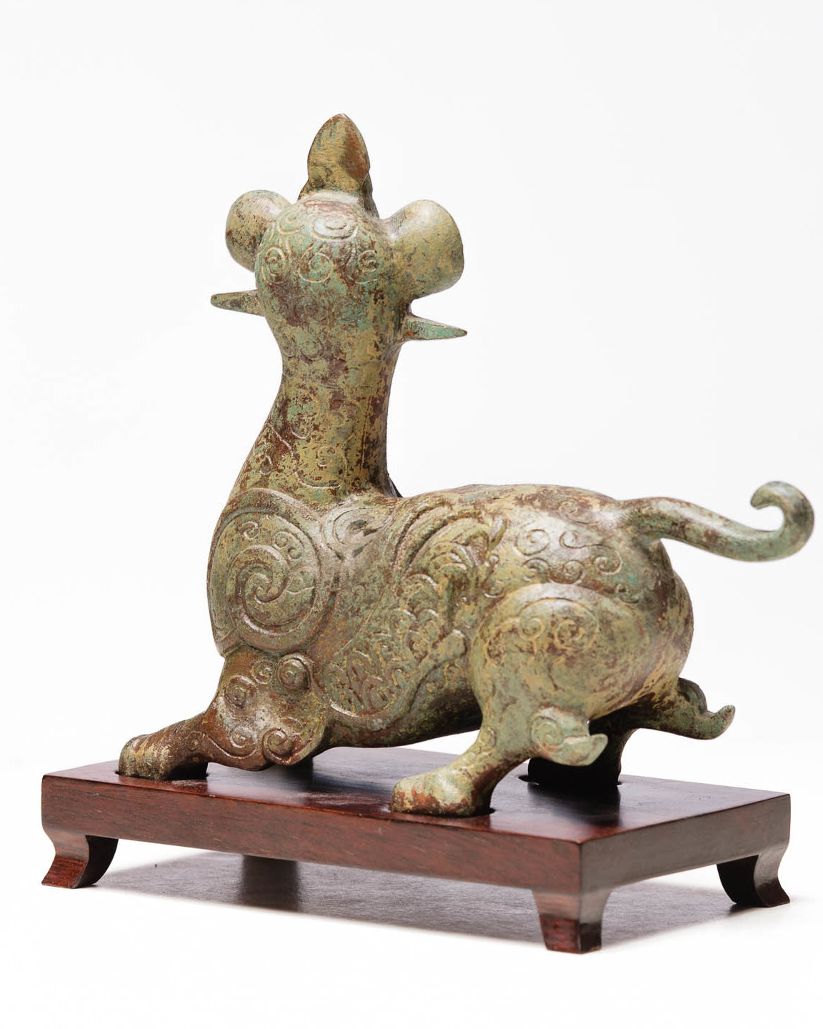 Verdigris Bronze Mythical Dragon with Hongmu Wood Stand