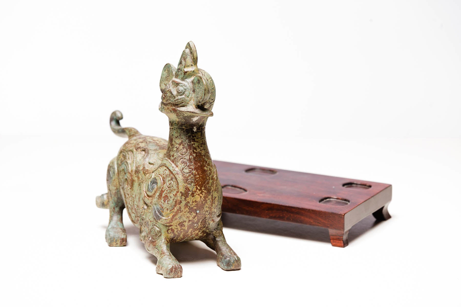Verdigris Bronze Mythical Dragon with Hongmu Wood Stand