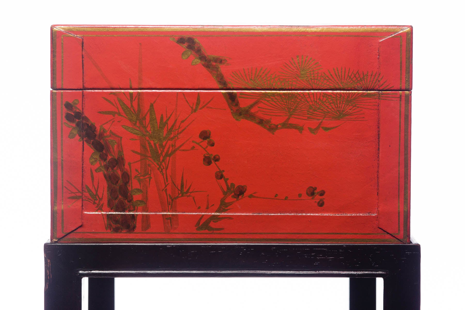 "Three Friends of Winter" Mandarin Red Leather Box on Wood Stand as Side Table