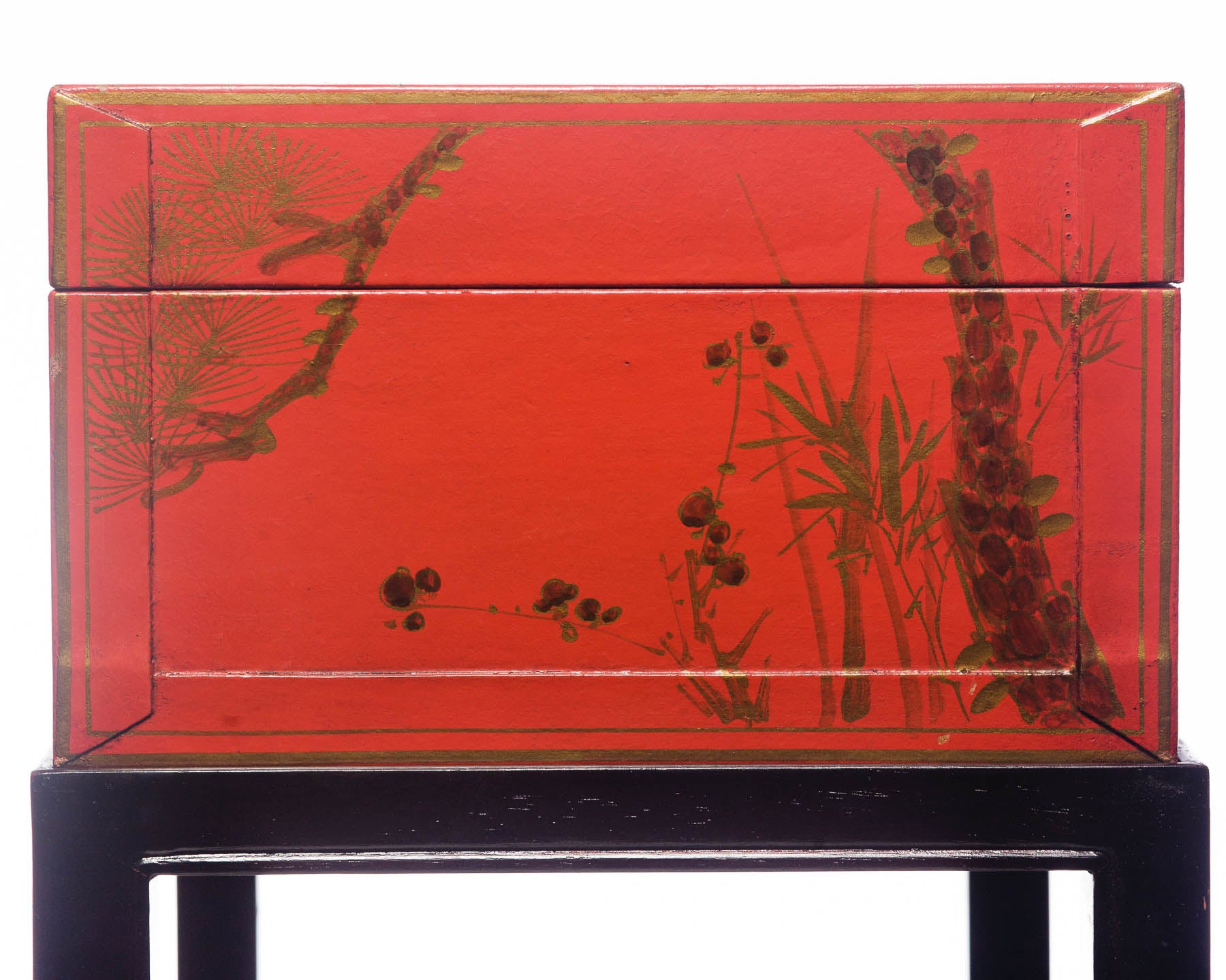 "Three Friends of Winter" Mandarin Red Leather Box on Wood Stand as Side Table