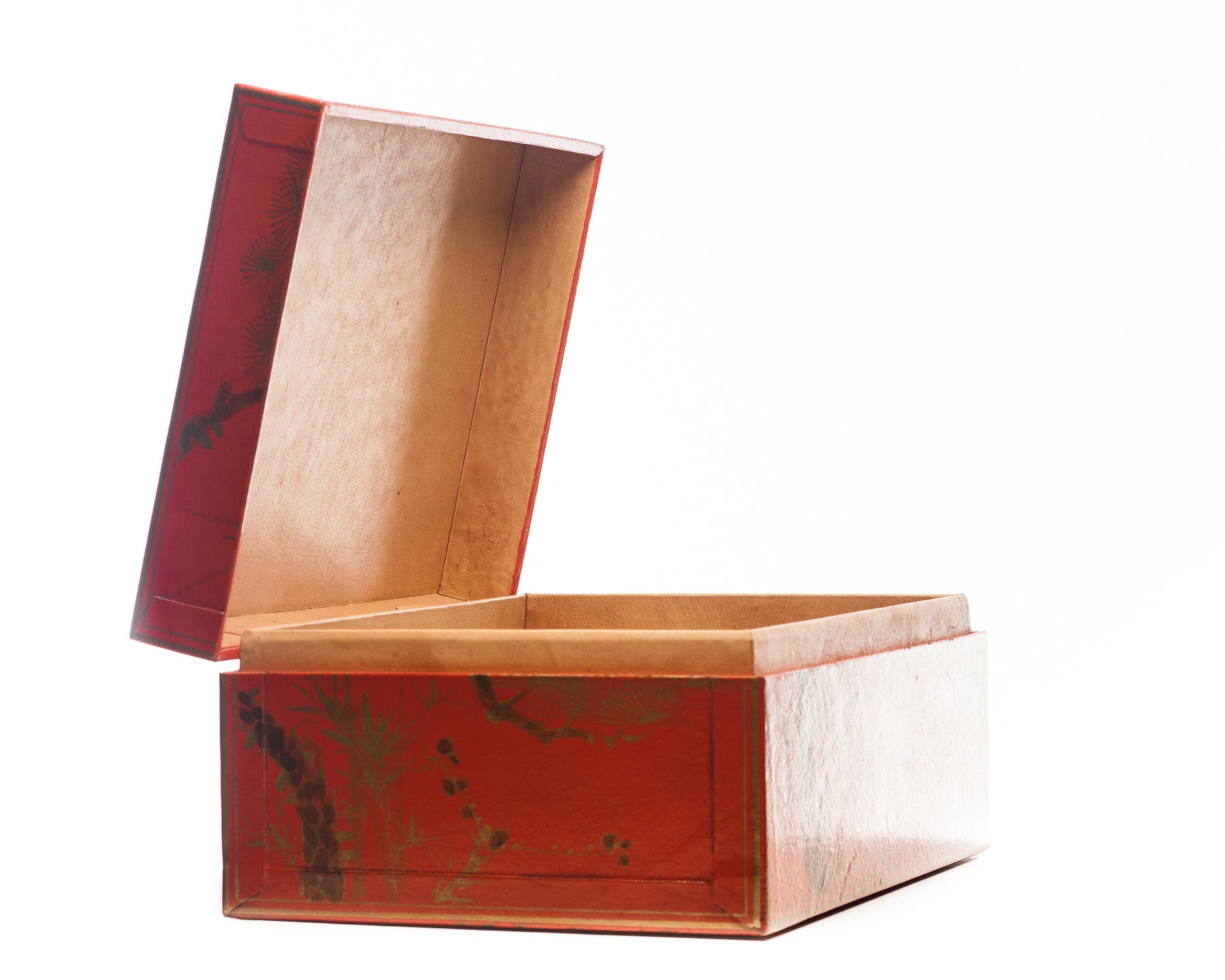 "Three Friends of Winter" Mandarin Red Leather Box on Wood Stand as Side Table