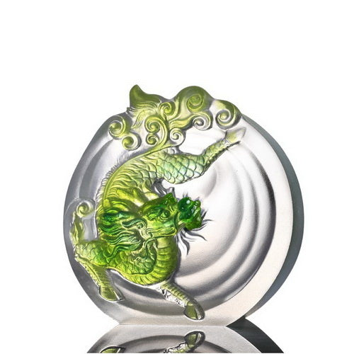 LIULI Crystal Art Crystal Mythical Qilin "Sun Dance" in Green/Purple Clear