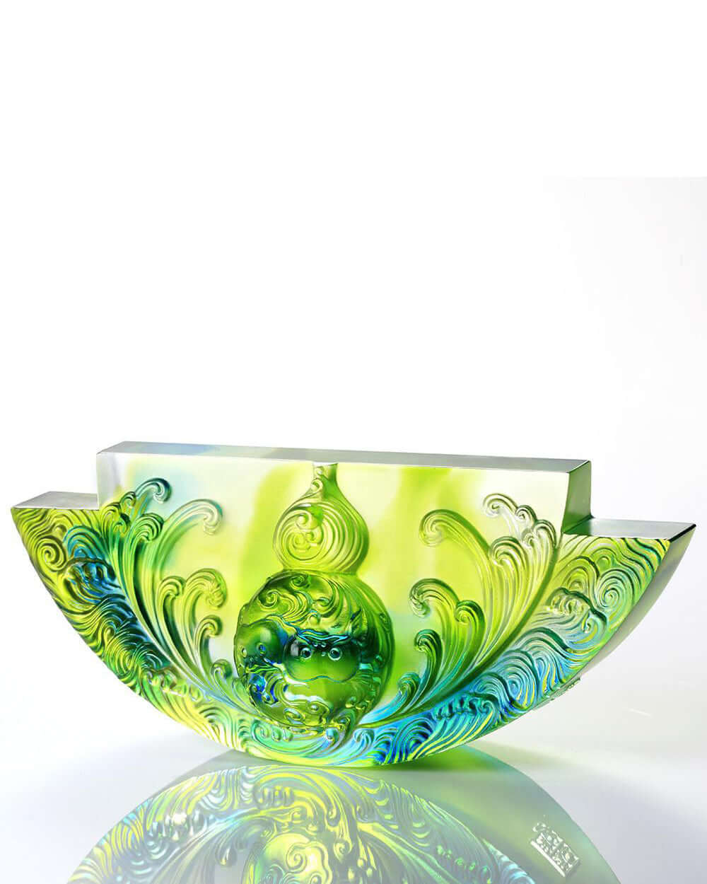 LIULI Crystal Art Crystal Chinese Hulu, The Beauty of Harmony-Harmony Permeates the Land, Bluish/Green Clear