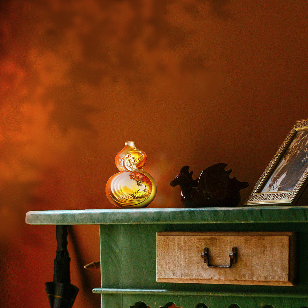 LIULI Crystal Art Crystal Hulu Gourd & Koi Fish, "Waters of Abundance"