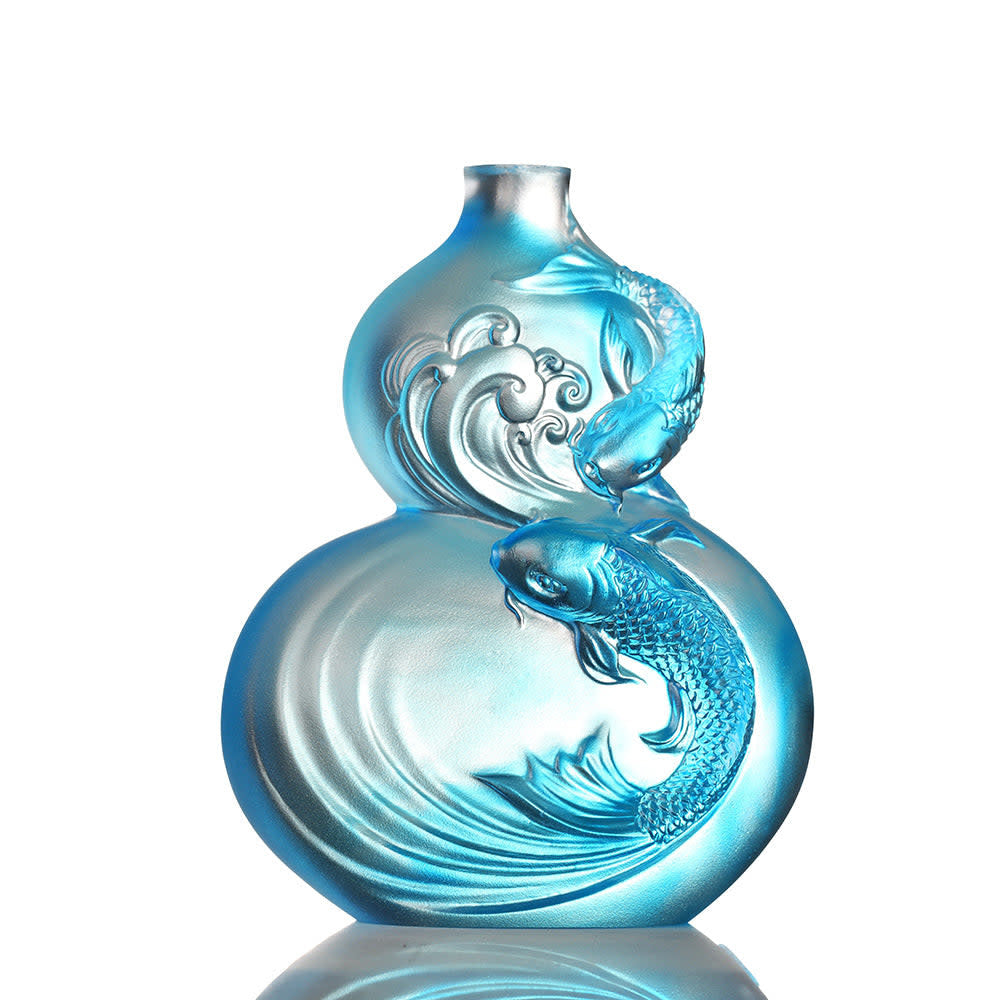 LIULI Crystal Art Crystal Hulu Gourd & Koi Fish, "Waters of Abundance"