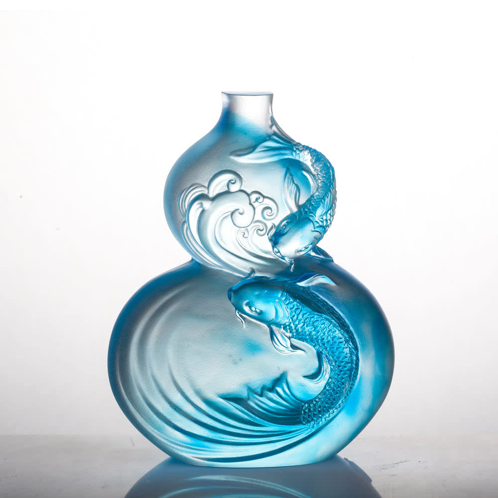 LIULI Crystal Art Crystal Hulu Gourd & Koi Fish, "Waters of Abundance"
