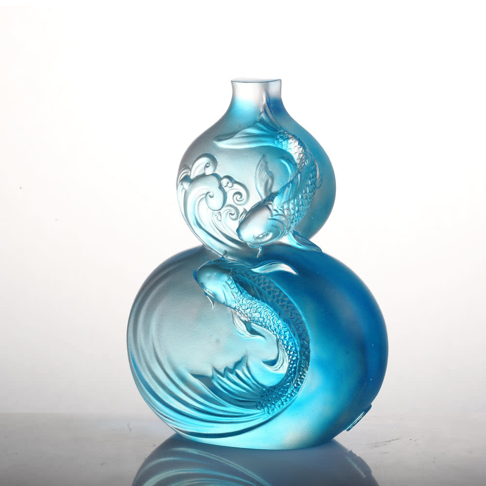 LIULI Crystal Art Crystal Hulu Gourd & Koi Fish, "Waters of Abundance"