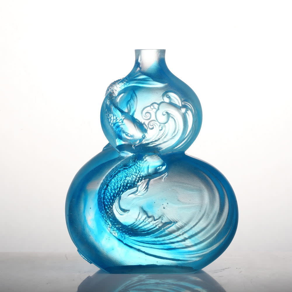 LIULI Crystal Art Crystal Hulu Gourd & Koi Fish, "Waters of Abundance"