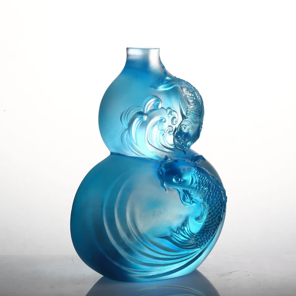 LIULI Crystal Art Crystal Hulu Gourd & Koi Fish, "Waters of Abundance"