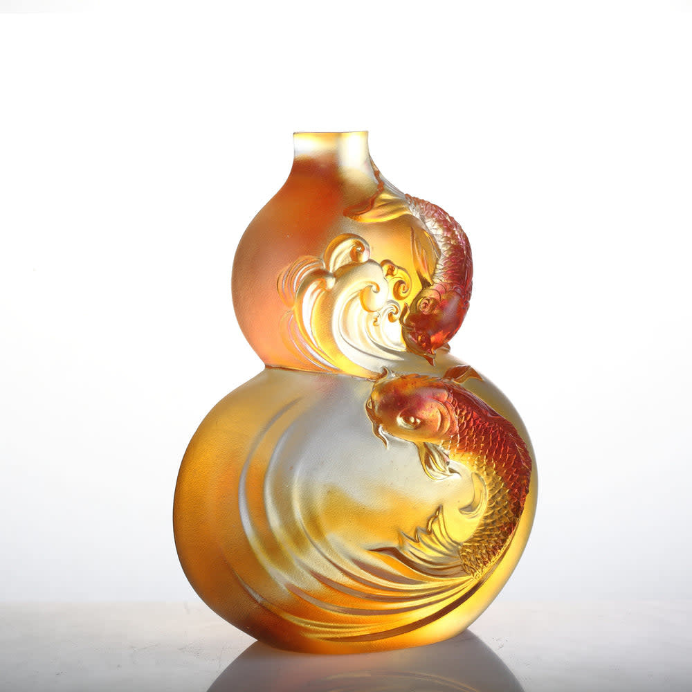 LIULI Crystal Art Crystal Hulu Gourd & Koi Fish, "Waters of Abundance"