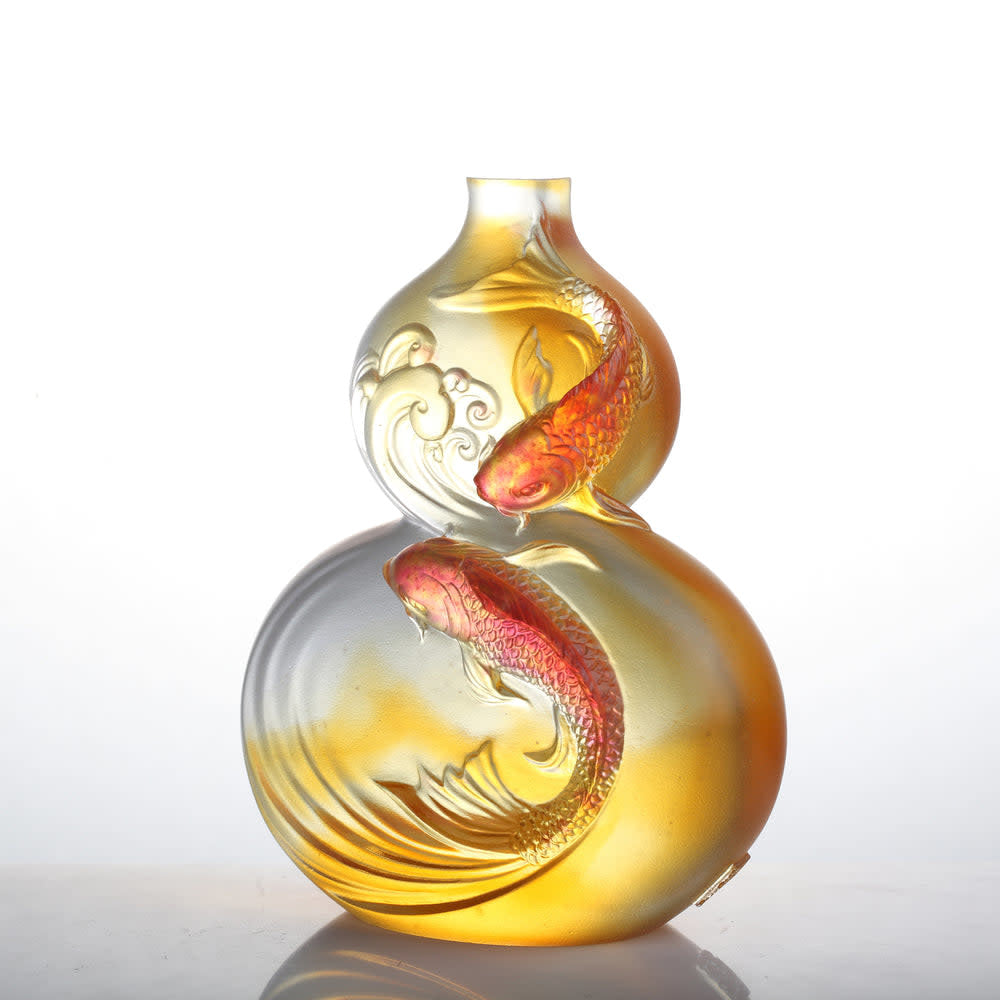 LIULI Crystal Art Crystal Hulu Gourd & Koi Fish, "Waters of Abundance"