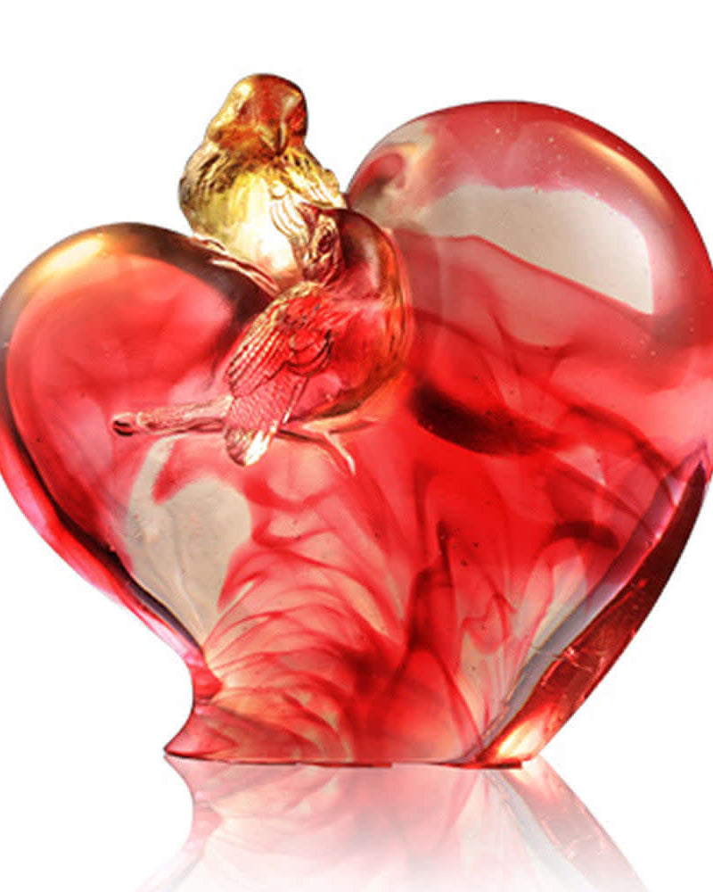 LIULI Crystal Art Bird on Heart Shape Figurine (Romance and Love) - "Amorous Words"