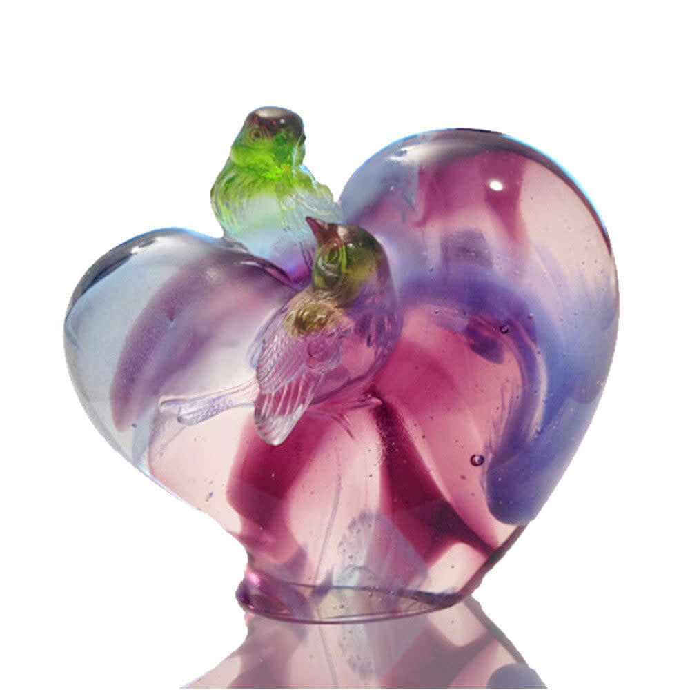 LIULI Crystal Art Bird on Heart Shape Figurine (Romance and Love) - "Amorous Words"