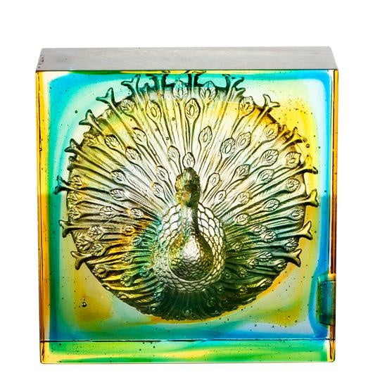 LIULI Crystal Art Crystal Peacock Paperweight, A Radiant Heart, Amber/Sky Blue
