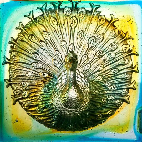 LIULI Crystal Art Crystal Peacock Paperweight, A Radiant Heart, Amber/Sky Blue