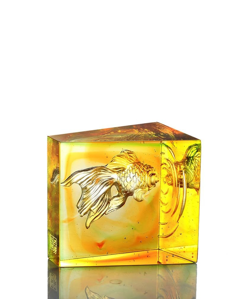 LIULI Crystal Art Crystal Goldfish "Swim Toward Freedom" in Amber/Spring Green