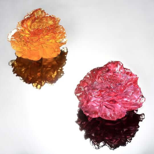 LIULI Crystal Art Crystal "Prosperous Heart, Prosperous World" Peony Flower in Golden Red