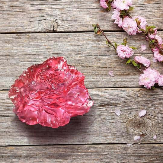 LIULI Crystal Art Crystal "Prosperous Heart, Prosperous World" Peony Flower in Golden Red