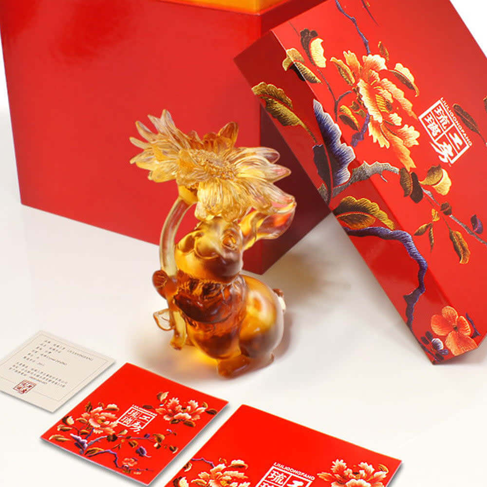 LIULI Crystal Art Crystal Bunny Rabbit Figurine, "Spectacular Blossom of Mine (Success)"