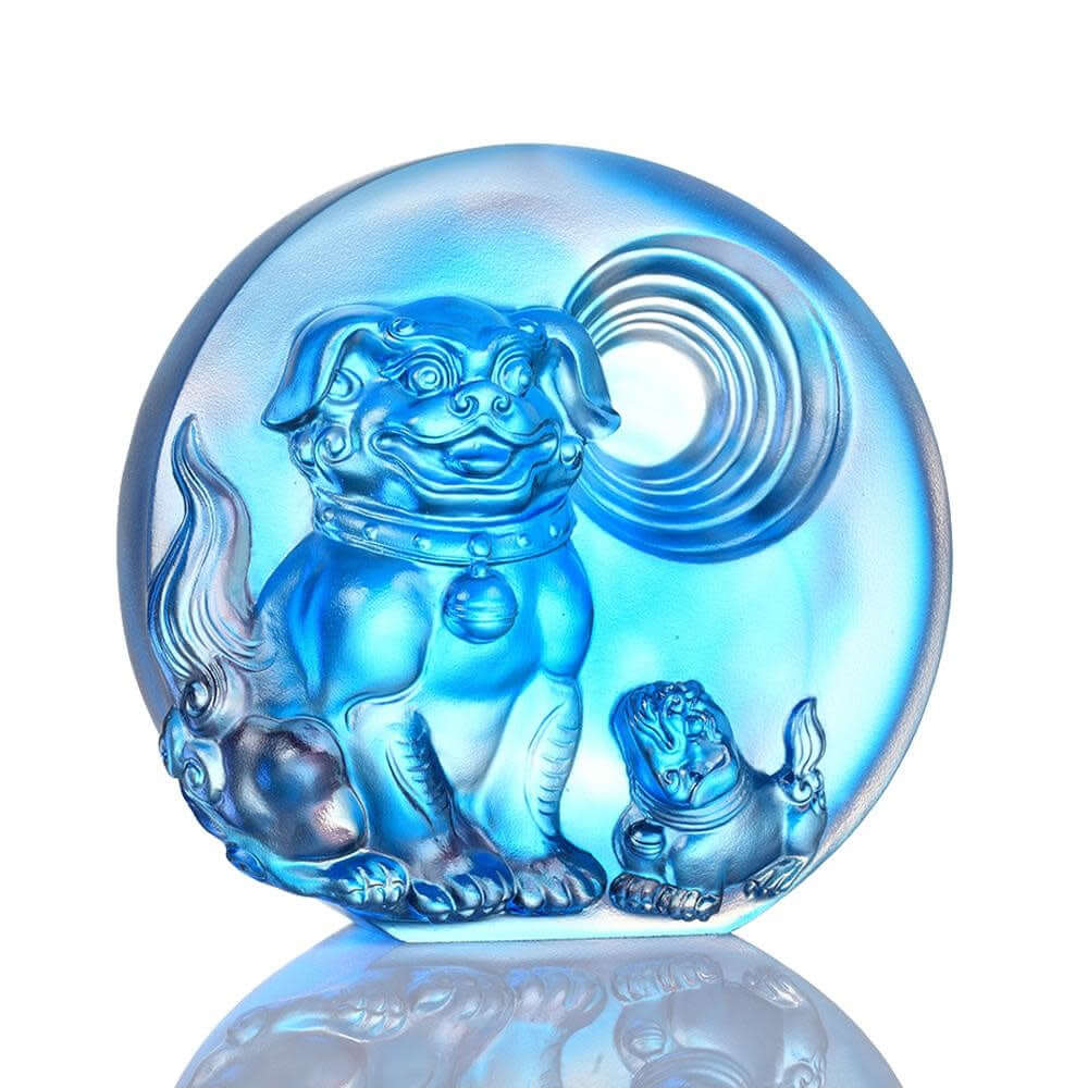 LIULI Crystal Art Crystal "Generations of Fortune" Dog Figurine in Sky Blue