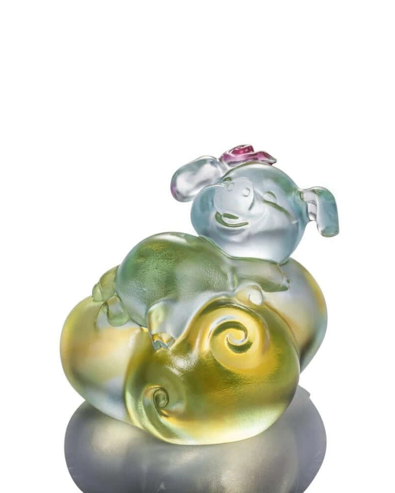 LIULI Crystal Art Crystal "Fortune and Fulfillment" Piglet in Sky Blue & Clear Amber (Limited Edition)