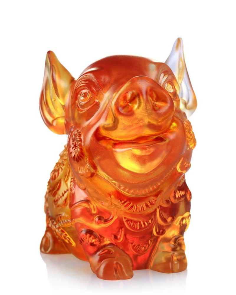 LIULI Crystal Art Crystal Year of the Pig "Piglet of Fortune" Chinese Zodiac Figurine in Dark Amber/Light Amber (Limited Edition)