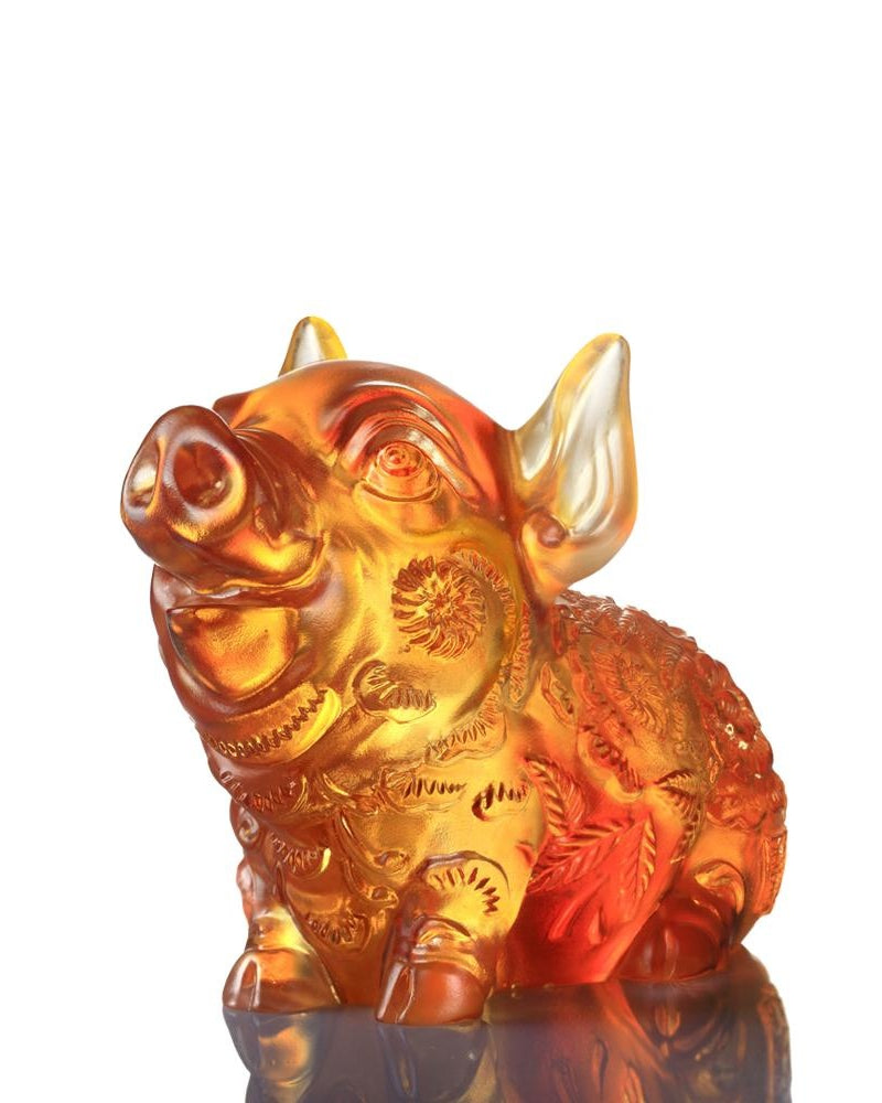 LIULI Crystal Art Crystal Year of the Pig "Piglet of Fortune" Chinese Zodiac Figurine in Dark Amber/Light Amber (Limited Edition)